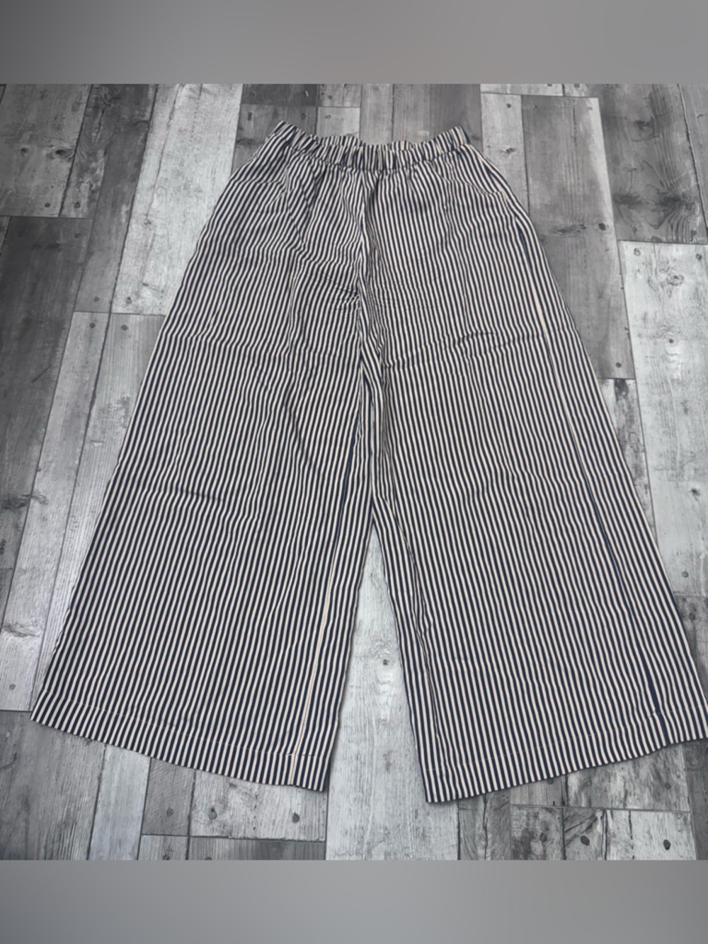 ZARA Women Pant Medium Navy Striped Wide Leg High Waist Cropped Pull On Palazzo